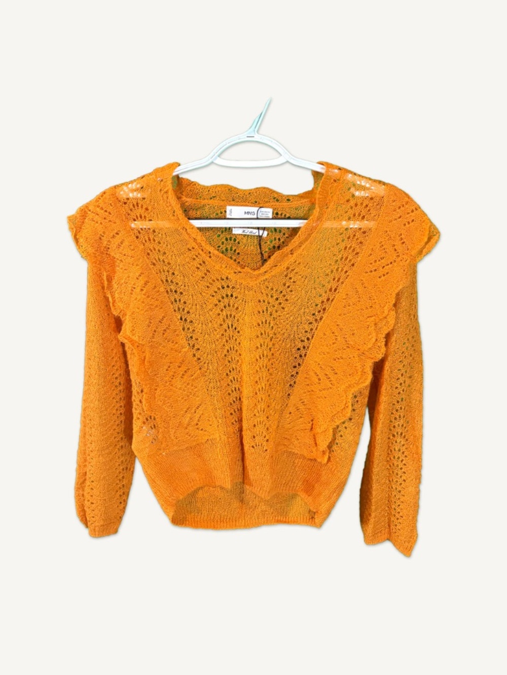 Mango Burnt Orange Knit Sweater Ruffle V Neck Lightweight XS